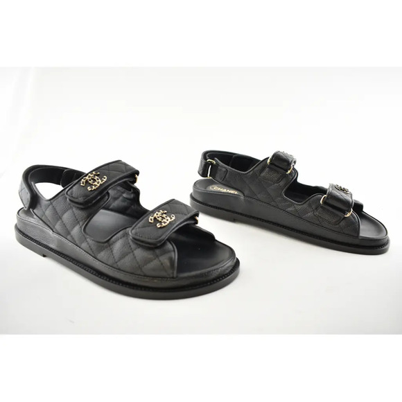 Chanel REV Black Caviar Gold CC Logo Mule Slide Strap Flat Teva Dad Sandal 39 - Picture 3 of 12